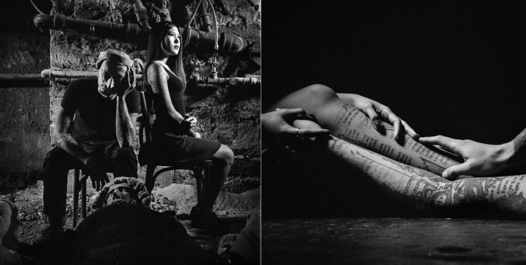 Diptyques argentiques réalisés à la Bibliothèque Humaniste. Rencontre entre fonds précieux et textes tatoués sur le corps des modèles.