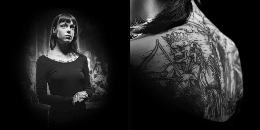 Diptyques argentiques réalisés à la Bibliothèque Humaniste. Rencontre entre fonds précieux et textes tatoués sur le corps des modèles.