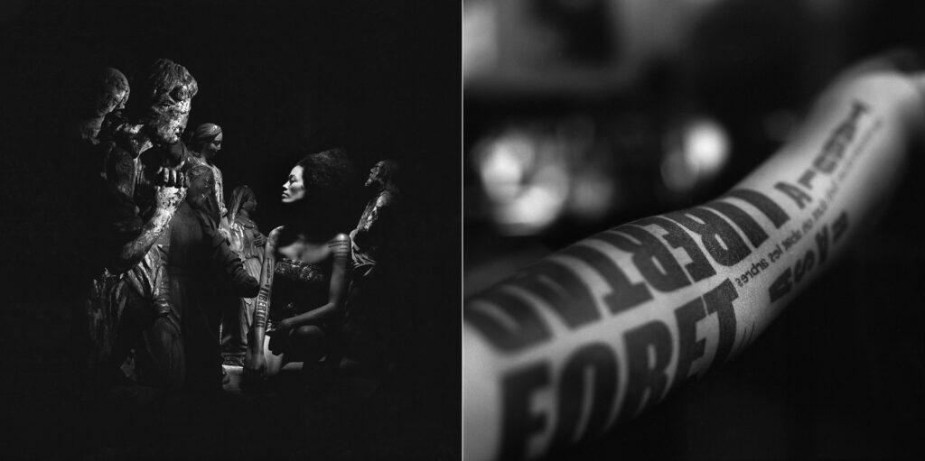 Diptyques argentiques réalisés à la Bibliothèque Humaniste. Rencontre entre fonds précieux et textes tatoués sur le corps des modèles.