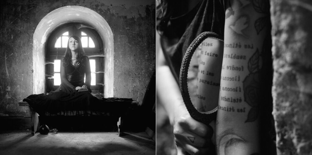 Diptyques argentiques réalisés à la Bibliothèque Humaniste. Rencontre entre fonds précieux et textes tatoués sur le corps des modèles.
