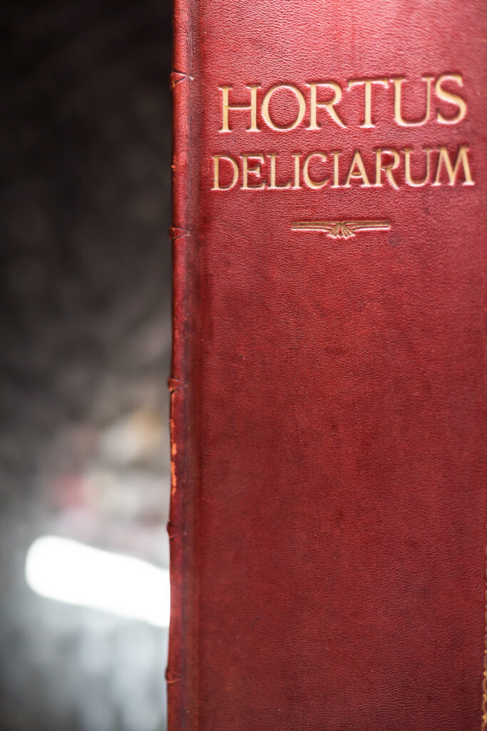 Bibliothèque Humaniste, salle d’exposition permanente au premier étage : couverture de la reconstitution du Hortus deliciarum ou Jardin des Délices, manuscrit alsacien du XIIe siècle, confectionné pour les chanoinesses de l’abbaye de Hohnenbourg (ou Mont Sainte-Odile), sous la direction de leur abbesse, Herrade. Ce livre, disparu dans l’incendie de la Bibliothèque Municipale de Strasbourg en 1870, renfermait de nombreuses enluminures.