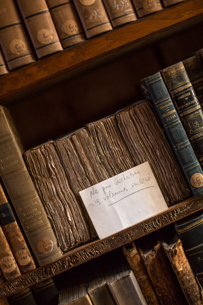 Bibliothèque Humaniste, salle d’exposition permanente au premier étage : tri des collections d’ouvrages de littérature française (cote Cc2) dans le cadre du désherbage, opération qui consiste à sortir de l’inventaire les livres usés, inadéquats ou obsolètes.