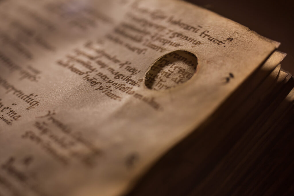 Bibliothèque Humaniste, salle d’exposition permanente au premier étage : détail du manuscrit qui renferme l'ouvrage de Boèce, La consolation de la philosophie (minuscule caroline sur parchemin, XIIe siècle ; BHS MS.111). Il faut remarquer la présence des yeux du parchemin, c'est ainsi que sont nommés les trous qui apparaissent à la fabrication de celui-ci, quand la peau humide est tendue sur un cadre en bois et séchée au soleil. De part et d’autre du texte, les gloses sont les commentaires laissés par les érudits à la lecture du livre.