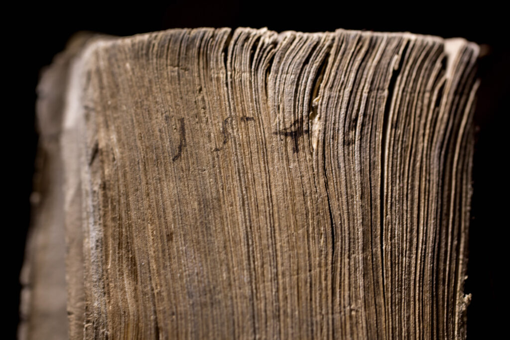 Bibliothèque Humaniste, salle d’exposition permanente au premier étage : détail de la tranche d’un livre imprimé au XVIe siècle indiquant son titre, son auteur et une date. L'emplacement de cette inscription témoigne de la manière dont les ouvrages étaient souvent disposés à cette époque, dans les rayonnages des bibliothèques, le dos contre le mur et la tranche face au lecteur.