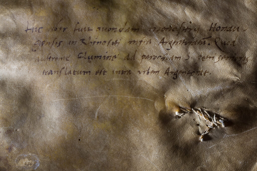 Bibliothèque Humaniste, salle d’exposition permanente au premier étage : détail d’une reliure en parchemin présentant des annotations de la main de Beatus Rhenanus. Cette photo montre également une réparation du parchemin (AMALARIUS, Institutiones ecclesiasticae pro canonis, XIe siècle, BHS MS.100).
