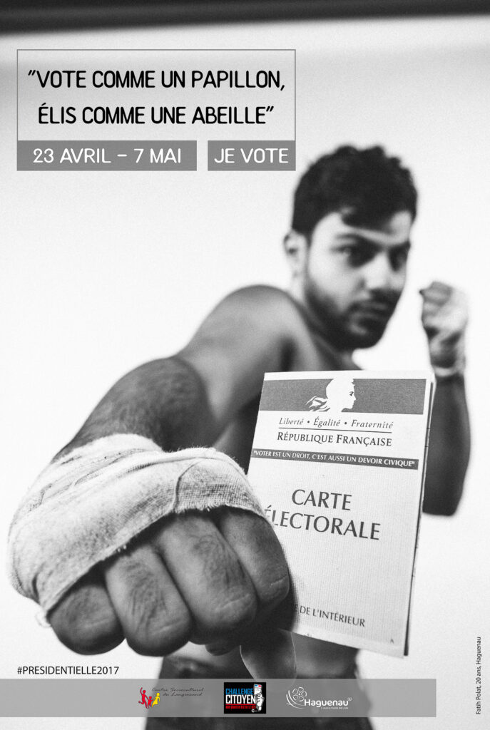 Campagne d’incitation au vote conçue par des jeunes du CSC Langensand. Affiches déployées dans l’espace public. 1er prix du Challenge citoyen.