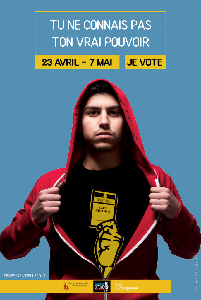 Campagne d’incitation au vote conçue par des jeunes du CSC Langensand. Affiches déployées dans l’espace public. 1er prix du Challenge citoyen.