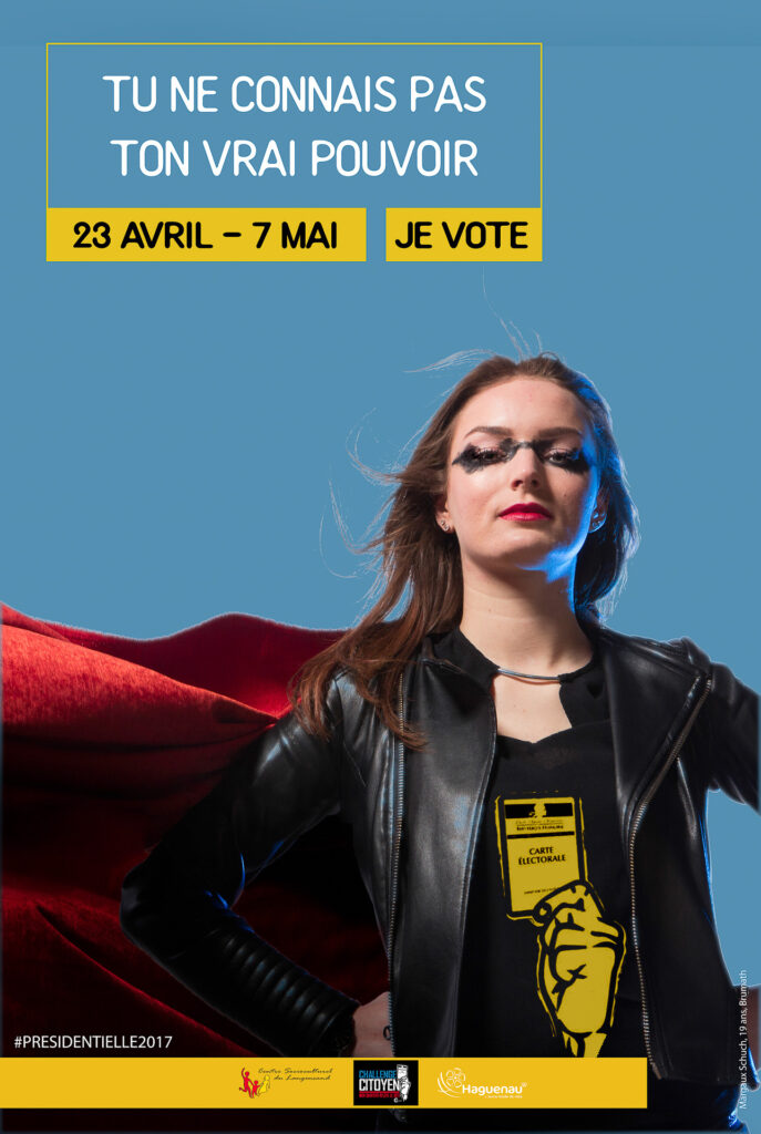 Campagne d’incitation au vote conçue par des jeunes du CSC Langensand. Affiches déployées dans l’espace public. 1er prix du Challenge citoyen.