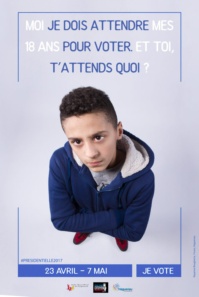 Campagne d’incitation au vote conçue par des jeunes du CSC Langensand. Affiches déployées dans l’espace public. 1er prix du Challenge citoyen.